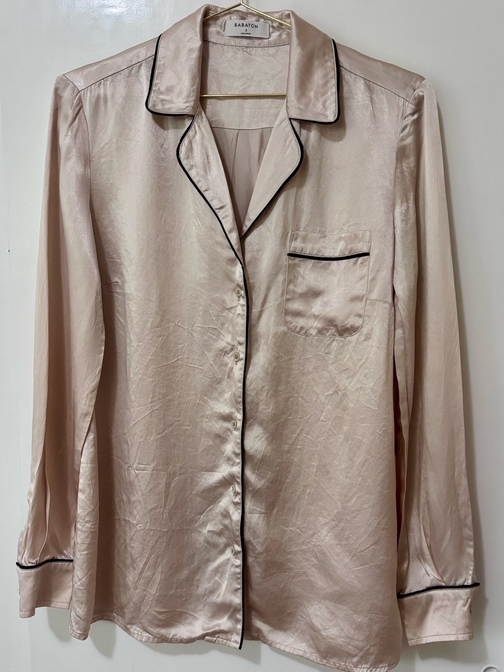 Babaton| Aritzia| Venturi Blush Satin Pajama-Style Blouse w/Black Trim Sz S